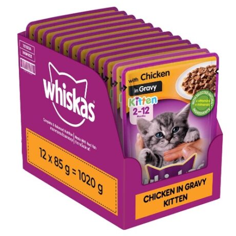 whiskas Wet Food For Kittens (2-12 Months), Chicken In Gravy Flavour, 12 Pouches (12 X 85G), 1 Count